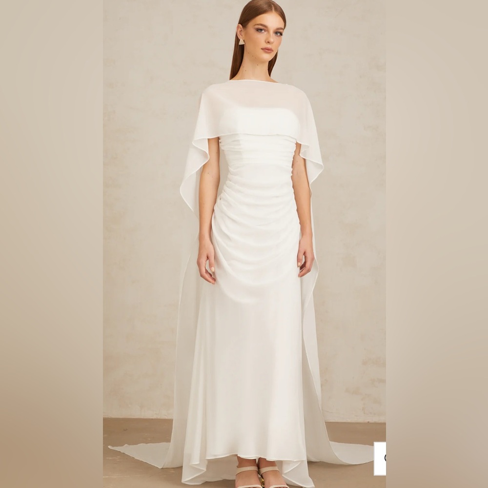 Elegant White Cape-Back Evening Dress